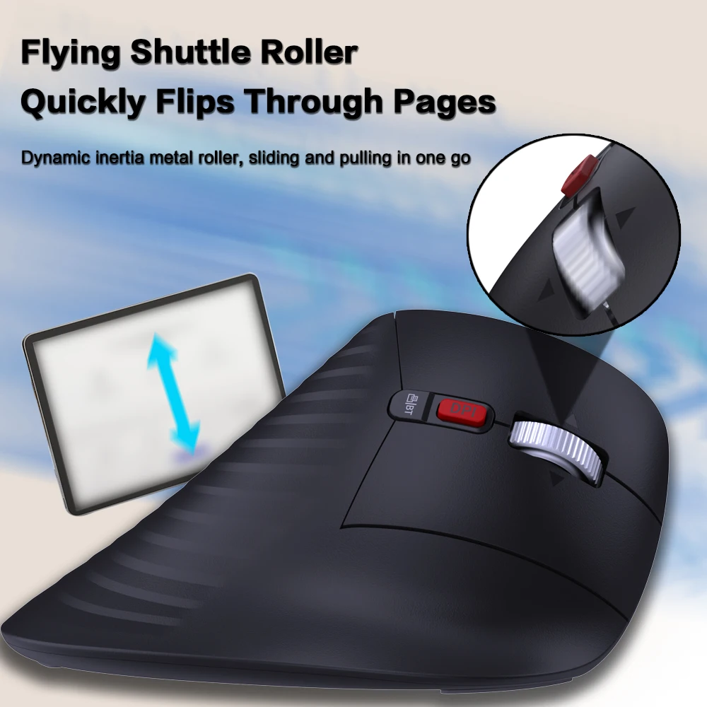 Ratón Trackball inalámbrico ergonómico Bluetooth5.0 y 2,4G con diseño vertical y rodillo de velocidad, ratones ópticos recargables de 1000DPI, negro - imagen 4