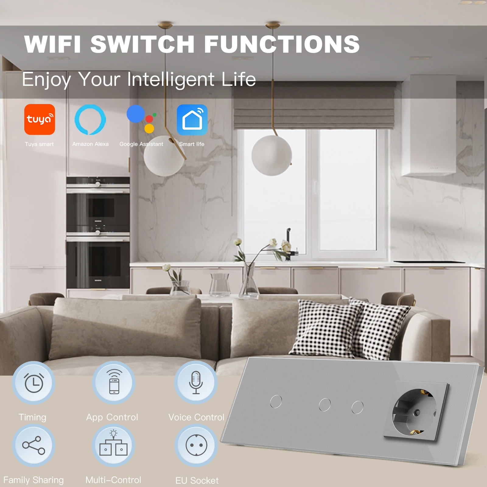 BSEED 1 + 2Gang Wifi interruptores con Sensor táctil interruptor de luz de pared inteligente soporte de vidrio Tuya Google Home Alexa Plus un enchufe Normal de la UE - imagen 2
