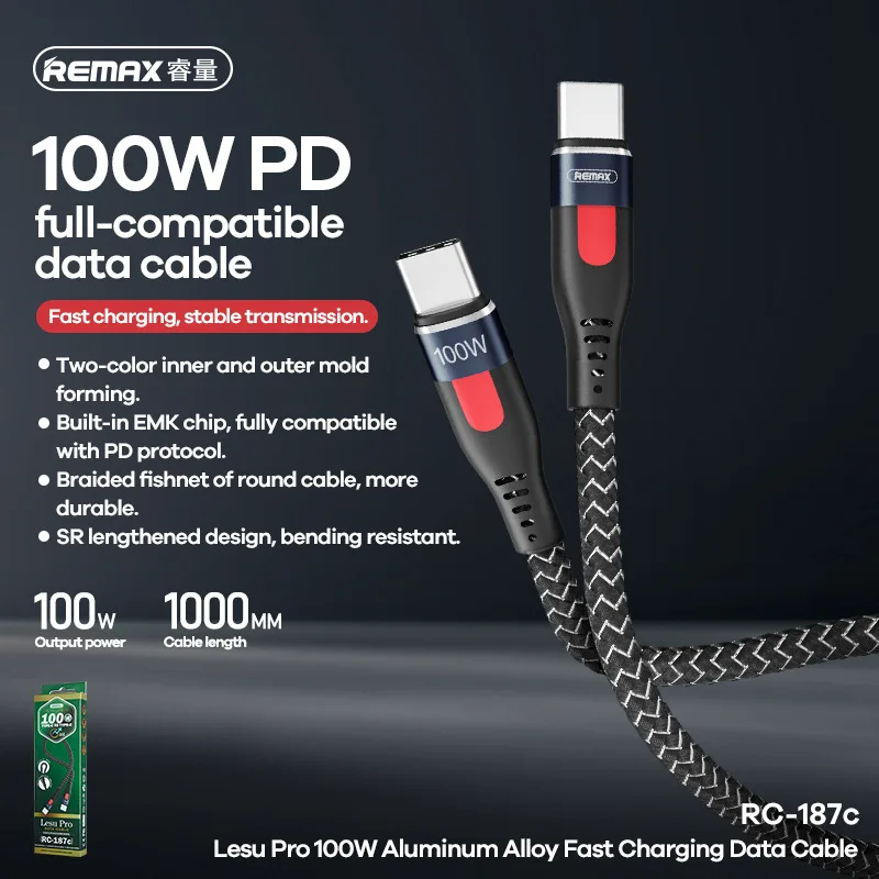 Remax-Cable de datos elástico de aleación de Zinc, 100W, con C-C de luz indicadora, carga súper rápida tipo C a tipo C para teléfonos/portátiles/tabletas