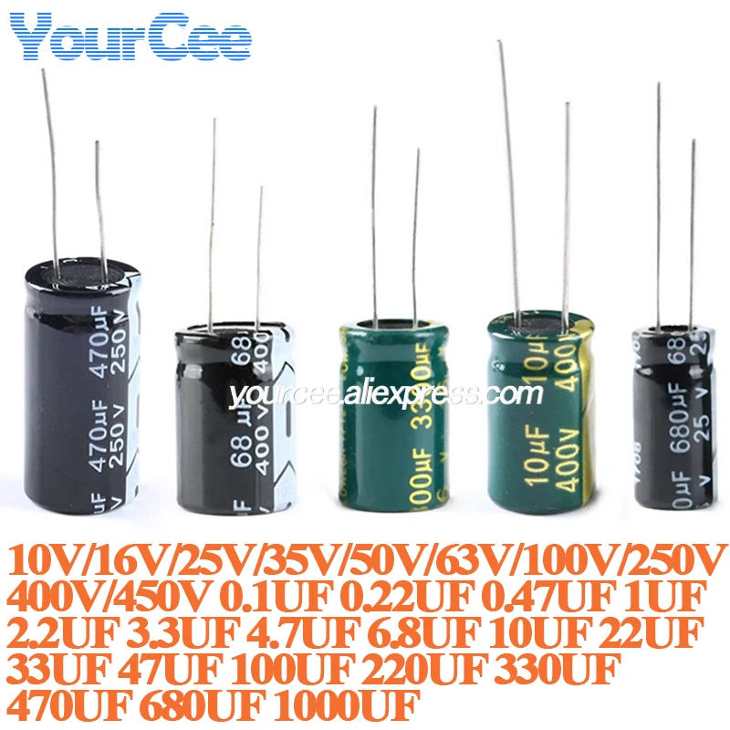 20 piezas/5 piezas condensador electrolítico de aluminio capacitancia DIP 0,1 UF 0,47 UF 1 UF 10 UF 47 UF 100 UF 220 UF 330 UF 470 UF 680 UF 1000 UF