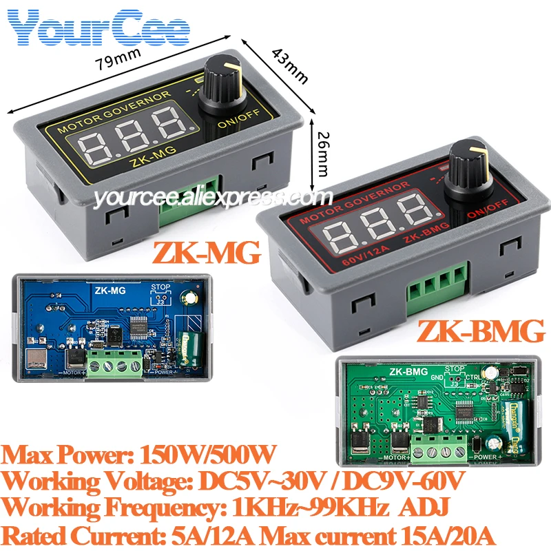 Controlador de Motor de CC PWM, ZK-BMG de velocidad ajustable, 500W, DC9-60V, 12A, codificador de pantalla Digital, relación de trabajo ZK-MG DC5-30V 150W 5A