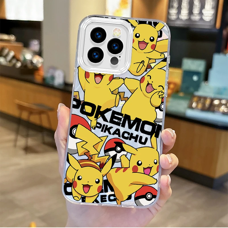 Funda de teléfono de dibujos animados de Pokemon Pikachu para iPhone 16 15 14 13 12 11 8 7 6 Pro Max Plus XS XR cubierta trasera dura a prueba de golpes de hilo de plumas - imagen 2