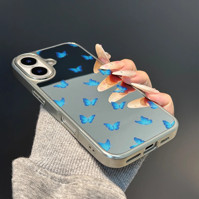 Ins lleno de mariposas azules borde plateado epoxi TPU caja de teléfono anticaída para iPhone XR/11/12/13/14/15/16/17 Pro Max - imagen 3