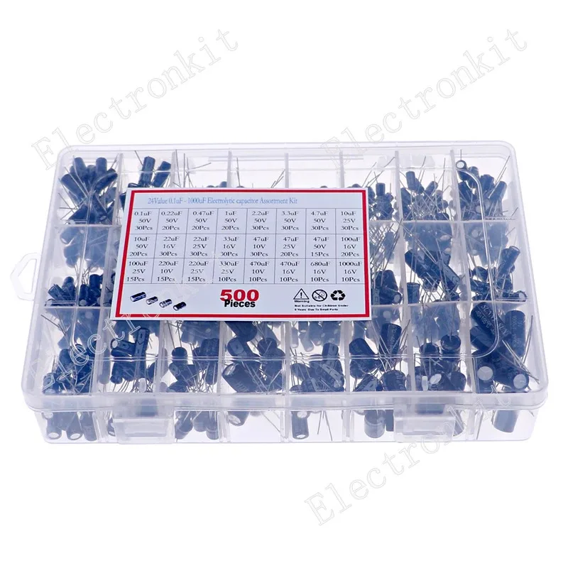 500 Uds 24 tipos 0,1 uF-1000 uF 10V-50V condensadores electrolíticos kit surtido - imagen 2