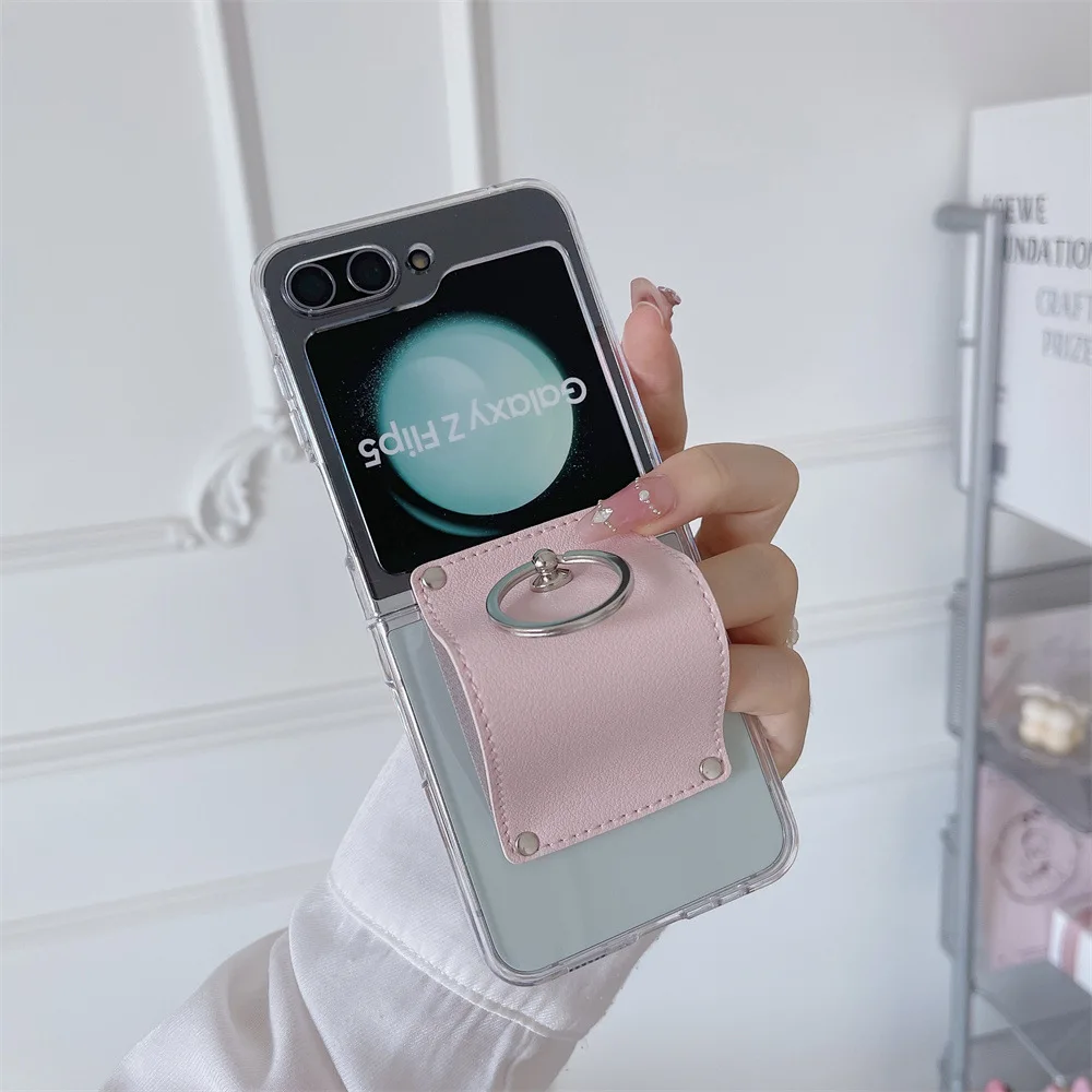 Fashion Ring Case for Samsung Galaxy Z Flip 6 5 5G 2024 New Fold Simple PC+Leather Cover Anti-knock Cases for Flip6 Flip5 Flip 5 - imagen 4