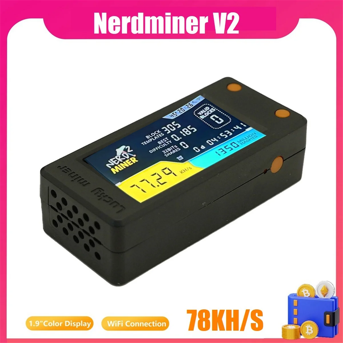 SuperDeals Nerdminer V2 78KH/S BTC minero de lotería individual con pantalla LCD Bitcoin BTC Crypto Miner ASIC minero silencioso