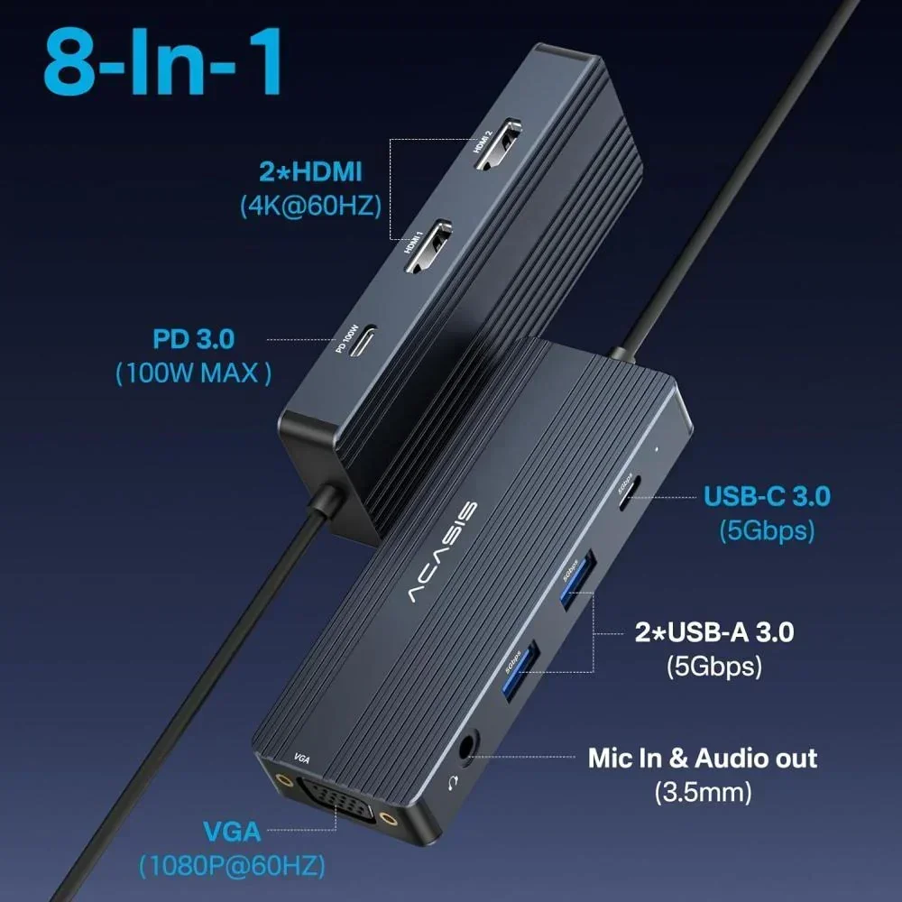 Acasis 8 en 1 USB-C Hub estación de acoplamiento 8 puertos tipo C HUB USB 3,0 HDMI 4K 60Hz PD 100W para concentrador de ordenador portátil transferencia de datos de alta velocidad - imagen 2