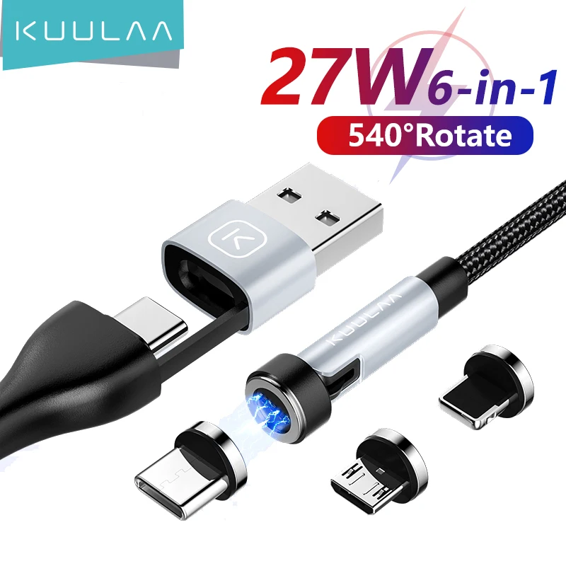 KUULAA-Cable de carga magnético 6 en 1 para iPhone, Cable de datos de carga rápida con imán Micro USB, rotación de 540 °, 27W, tipo C