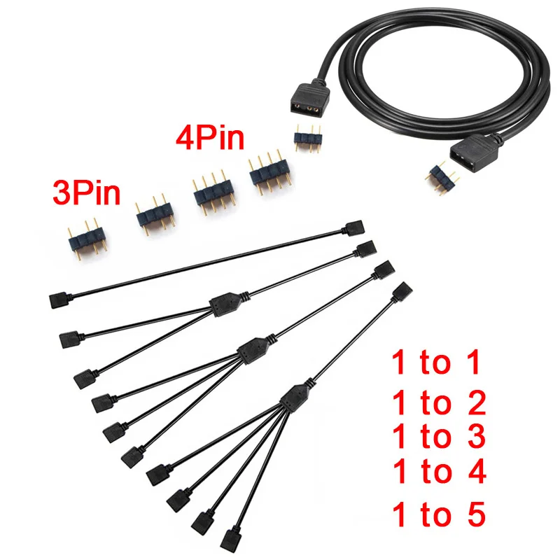 Adaptador de Cable de extensión ARGB 5V 3 pines 30cm 1 a 1 2 3 4 5 12v 4 pines Cable divisor RGB 0,3 M 1M 2M para MSI A SUS ASRock AURA LED