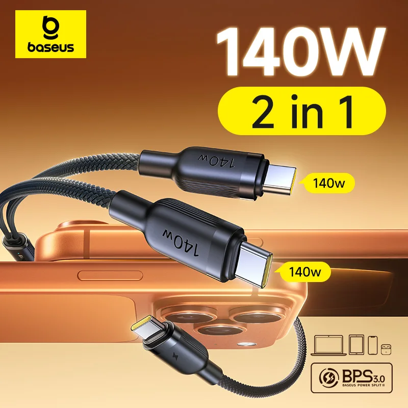 Cable rápido Baseus de 140W, Cable de datos 2 en 1 PD3.1 QC PPS, Cable de carga rápida USB-C a doble tipo C para ordenador portátil, tableta, Samsung y iPhone - imagen 2