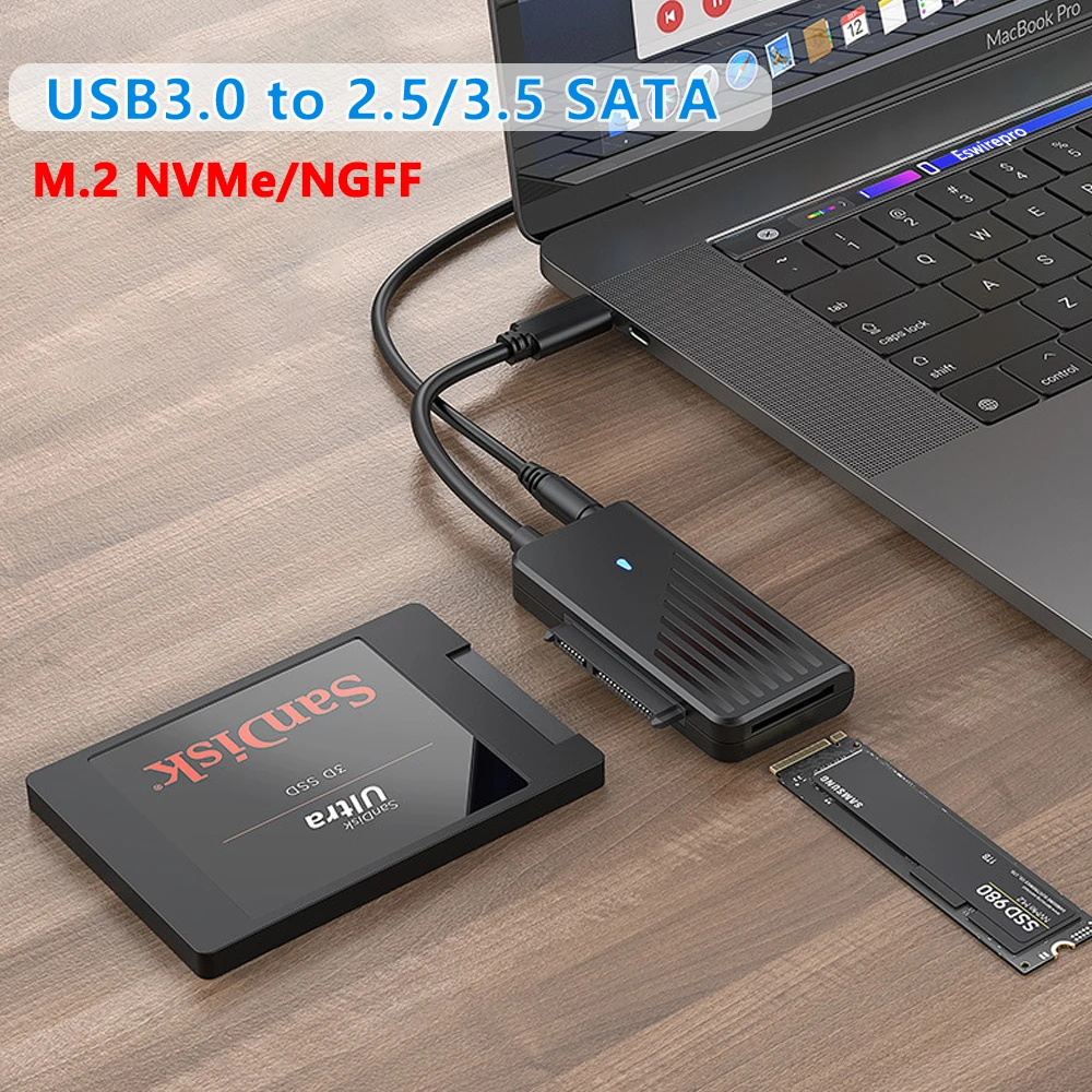 2 en 1 USB3.0 a 2,5/3,5 pulgadas SATA HDD SSD M.2 NVMe NGFF adaptador lector de disco duro con 12V 2A encendido en PC portátil teléfono inteligente