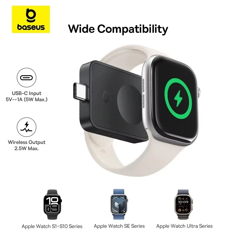 Baseus Mini cargador inalámbrico magnético 2,5 W para Apple Watch S1-S10 Series SE Series Ultra Series - imagen 2