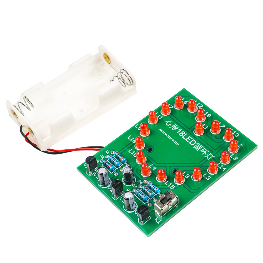 Kit electrónico de luces LED que fluyen en forma de corazón, Kit de soldadura PCB de 18 luces LED rojas con caja de batería, módulo de placa de circuito DC3V