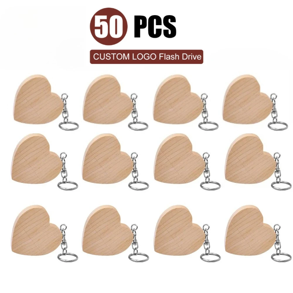 50 unids/lote de unidades Flash USB 2,0 con forma de corazón de madera, 128GB, llavero con logo personalizado gratis, unidad de bolígrafo 64GB 32GB, regalo de negocios, memoria USB