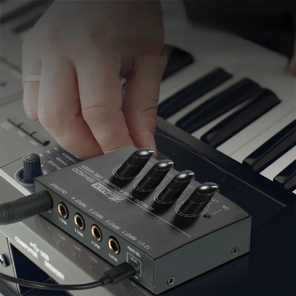 Mini mezclador de sonido de 4 canales Mezclador de línea DC 12V Mezclador de audio de fácil operación Ruido ultrabajo 4 entradas 1 salida con adaptador de corriente - imagen 4
