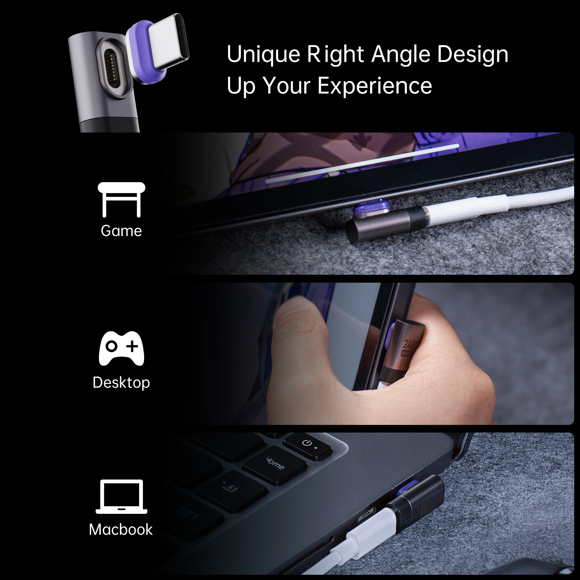 Adaptador USB C macho hembra de ángulo recto magnético de 240W 90 180 grados PD3.0 extensor de adaptador tipo C de carga rápida para adaptador de Iphone - imagen 4