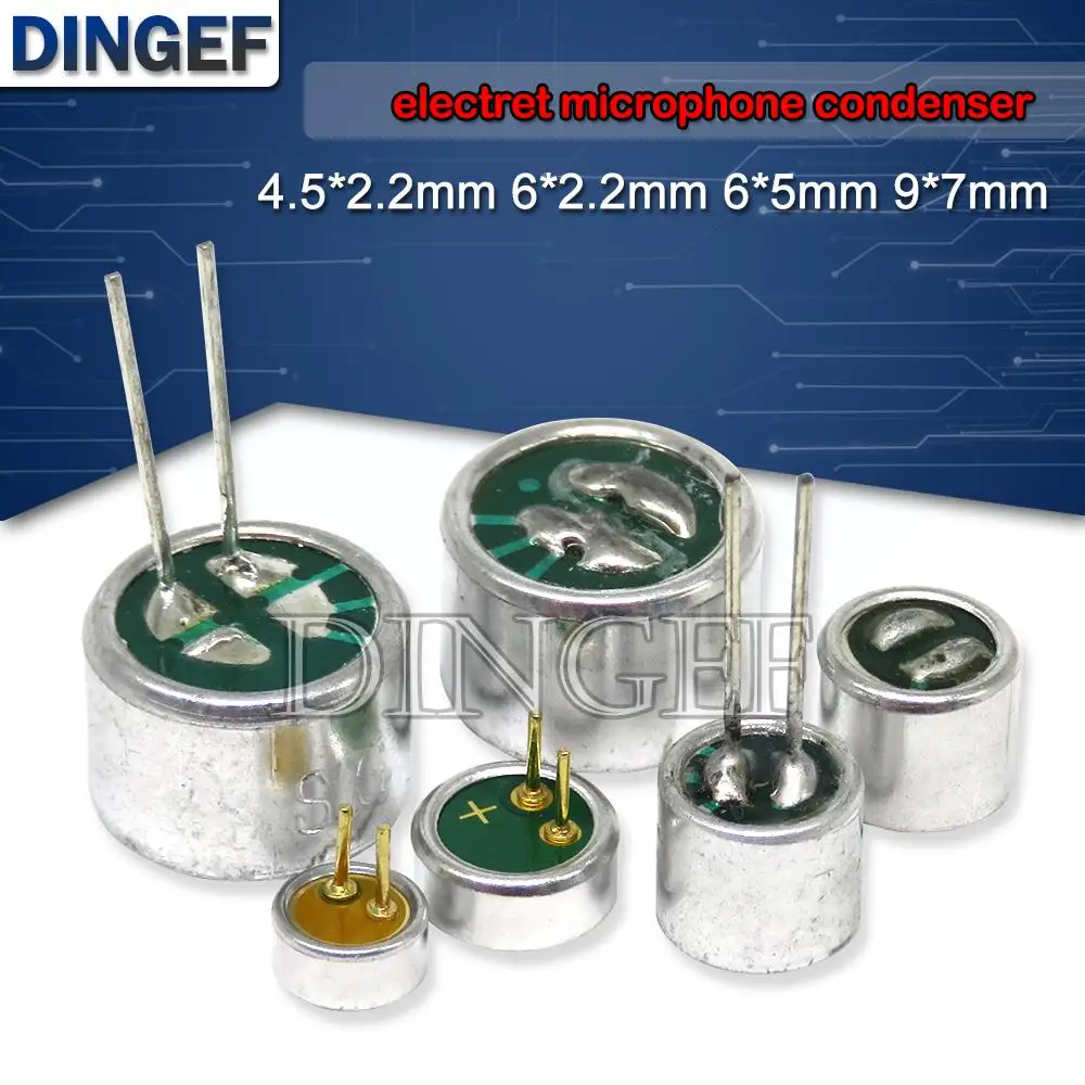 Micrófono eléctrico de captación de condensador con 2 pines, 10 piezas, 4,5x2,2mm, 6x2,2mm, 6x5mm, 9x7mm, 52DB, 56DB