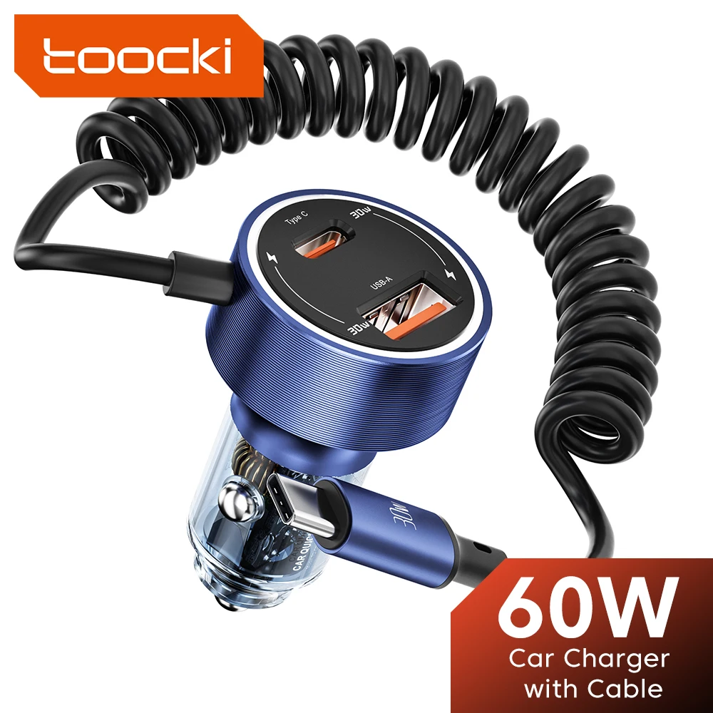Toocki 60W USB C cargador de coche QC4.0 PD3.0 5A carga rápida tipo C cargador de teléfono de coche PD30W para iPhone 14 13 Samsung Xiaomi Huawei