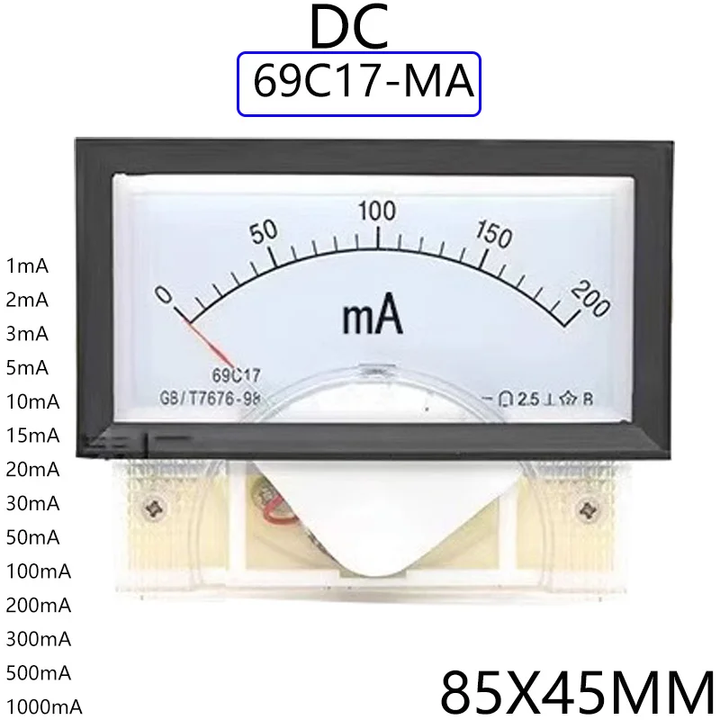 Miliamímetro puntero 69C17, medidor de corriente de derivación, 85x46MM, 1MA, 2MA, 3MA, 10mA, 20MA, 50MA, 100MA, 200mA, 500MA - imagen 2