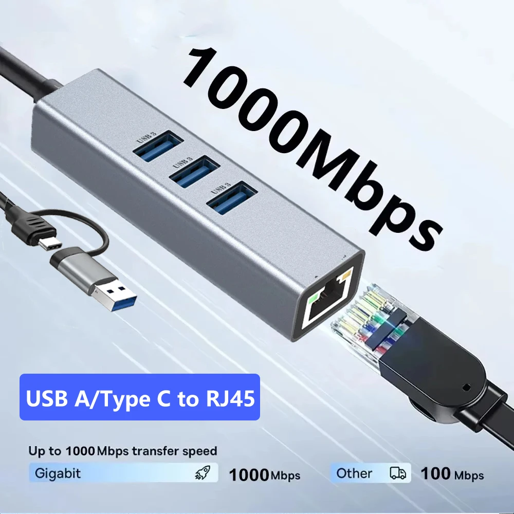 USB C HUB 4 en 2 1000Mbps estación de acoplamiento TypeC a RJ45 adaptador Ethernet USB3.0 HUB tarjeta de red Gigabit extensión de base de carga