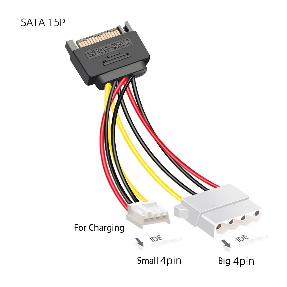 Cable de alimentación SATA, convertidor de 1 a 2, 15 pines macho a pequeño 4P, adaptador de Cable de enchufe grande de 4 pines, extensor de Cable de alimentación de disquete IDE