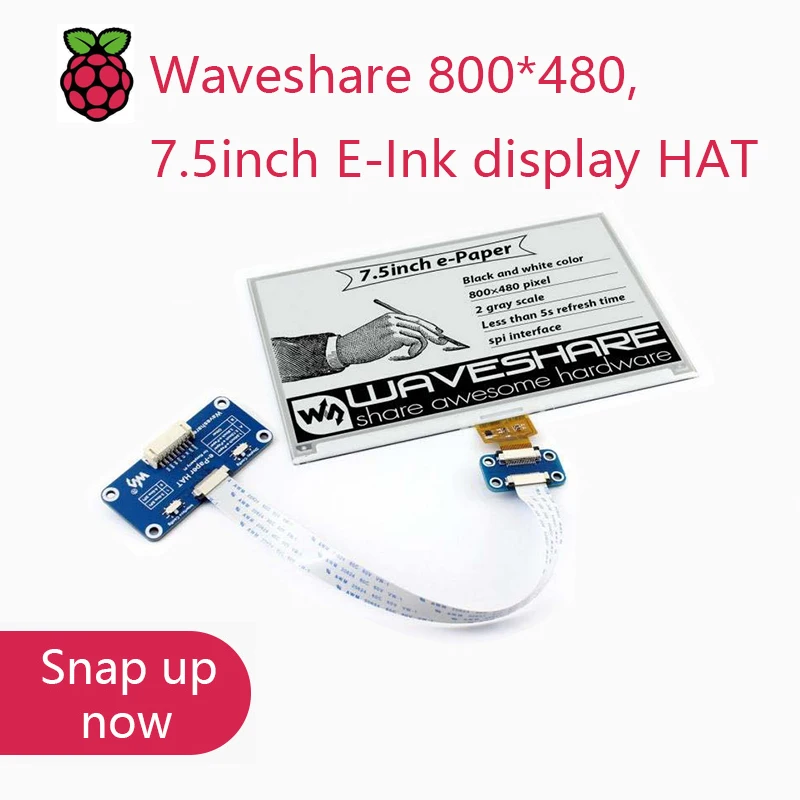 Waveshare-Sombrero de pantalla de tinta electrónica de 800x480, 7,5 pulgadas para Raspberry Pi 2B/3B/Zero W, dos colores: negro blanco, interfaz SPI, sin retroiluminación