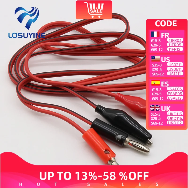 Conector Banana de inyección de 4mm a abrazadera eléctrica de cobre cubierto, Cable de prueba con pinza de cocodrilo, cables de 1M para sonda de prueba