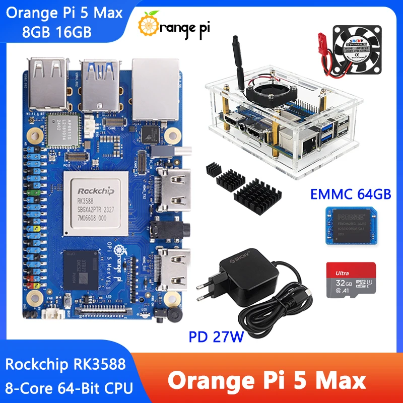 Placa de desarrollo Orange Pi 5 Max 8GB 16GB RAM Rockchip RK3588 M.2 PCIE 2,5G LAN WiFi6 + BT5 caja opcional fuente de alimentación EMMC