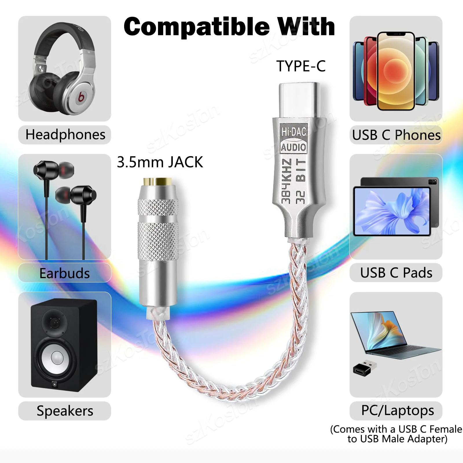Adaptador de Audio ALC5686 USB-C a 3.5mm, Amplificador de Auriculares, DAC HiFi, Decodificador de Audio de 32bit/384Khz, Convertidor Tipo-C para Samsung - imagen 4