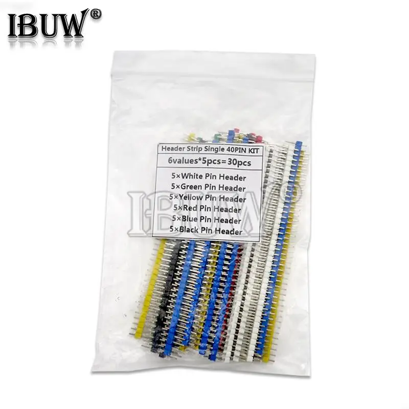 30 Uds conector de clavija macho 2,54mm tira de conectores de clavija de paso Kit de conector de 40 pines de una sola fila para placa PCB (6 colores cada 5 uds) - imagen 2