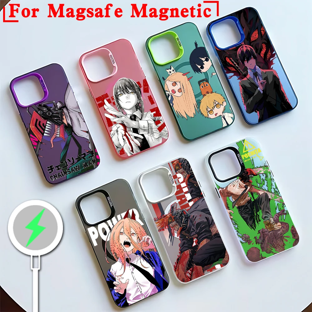 Motosierra hombre Denji Magsafe funda de teléfono magnética para IPhone 11 12 13 14 15 Pro Max Plus lente borde creativo cubierta chapada en plata