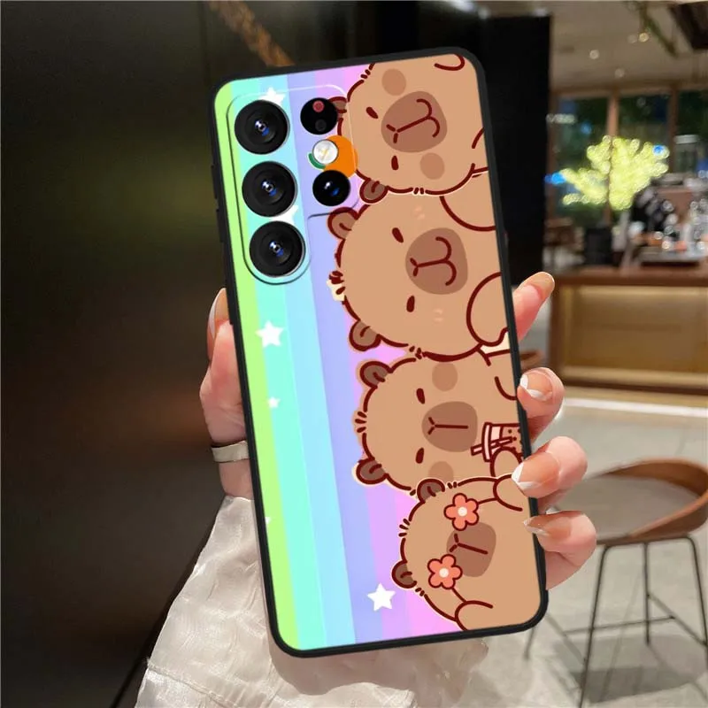 Funda con patrón de dibujos animados de capibara para Samsung Galaxy Note 20 10 9 8 A24 A34 M13 M31 M32 M52 M62 Ultra Lite funda de teléfono negra - imagen 5