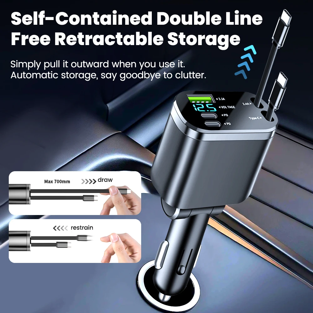 Adaptador de cargador de coche 5 en 1, cargador de coche USB tipo C de carga rápida con cables retráctiles para iPhone 16 15 14 13 12 Samsung - imagen 3