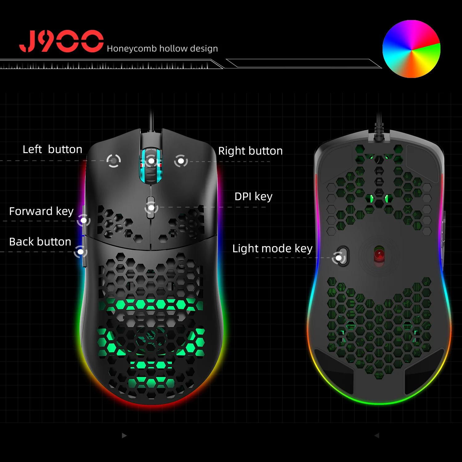 HXSJ-ratón de juegos J900 RGB, luminoso, ligero, Macro, programación, hueco, ergonómico, con cable, para ordenador portátil, oficina, gran oferta - imagen 5
