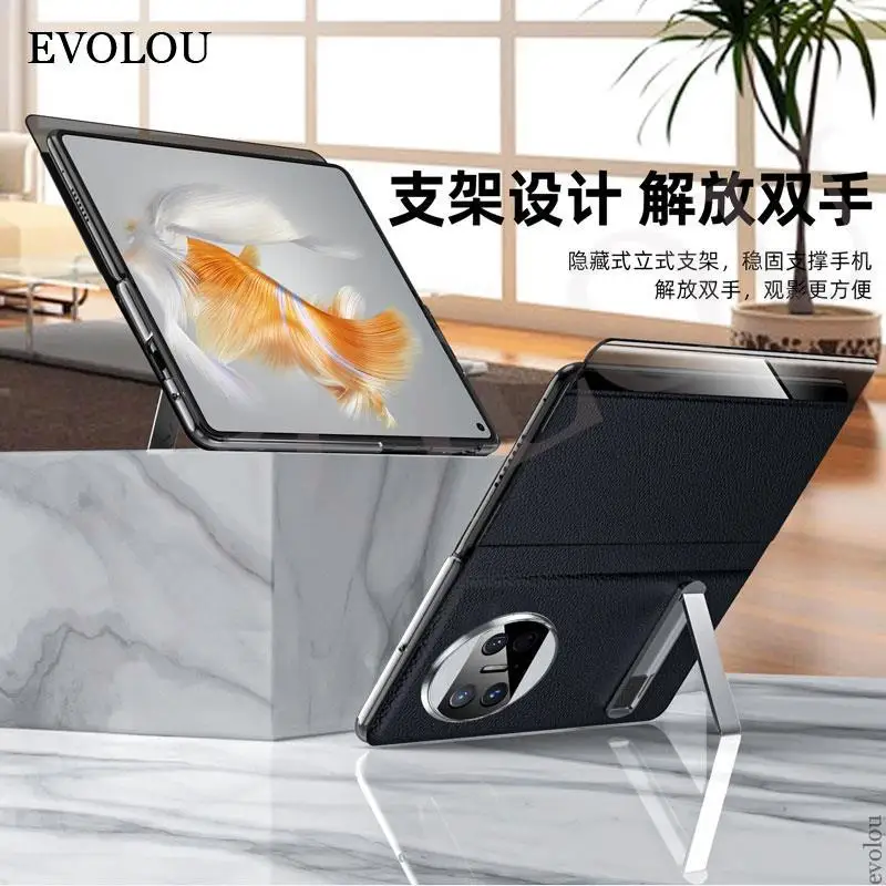 Funda plegable de cuero PU lichi para Huawei Mate X3, cubierta de soporte a prueba de golpes, ventana de visión inteligente, Mate X3 - imagen 4