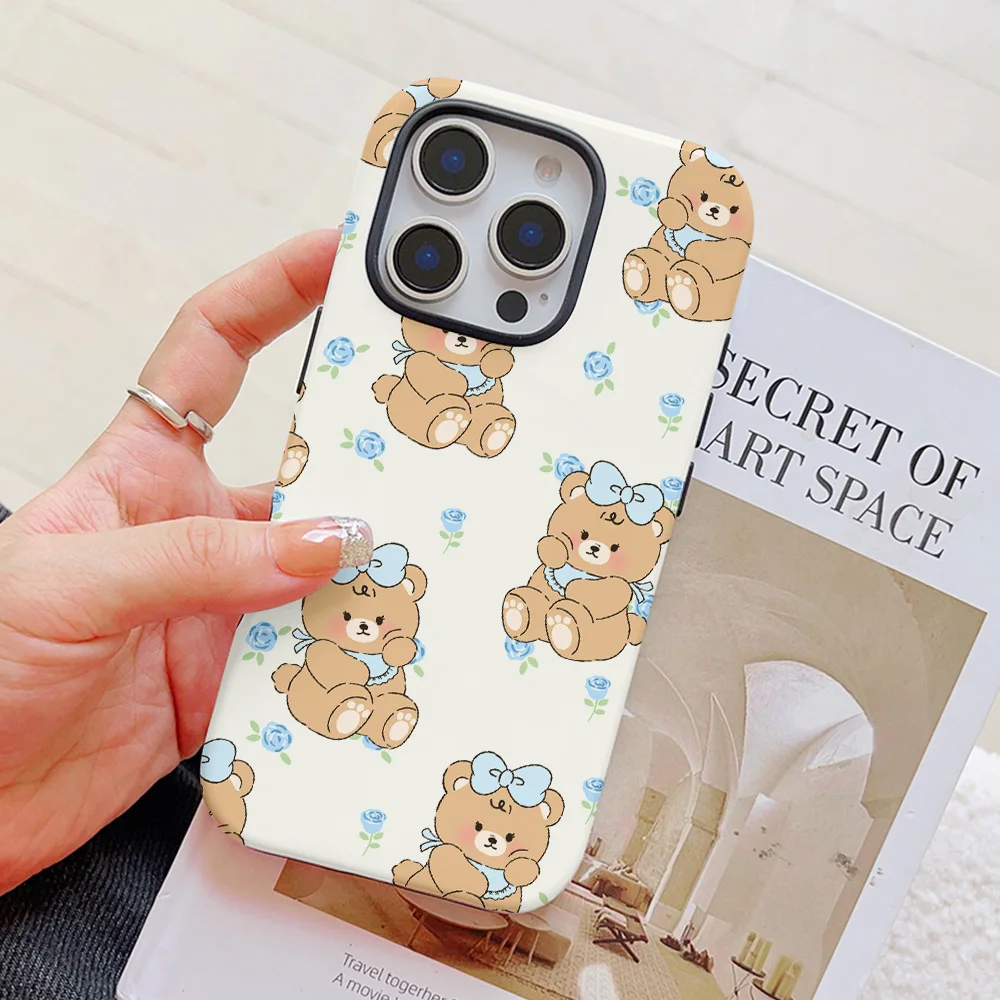 Funda de teléfono con diseño de oso de dibujos animados para iPhone 16, 15, 14, 13, 12, 11 Pro Max Plus, funda trasera magnética de lujo de doble capa - imagen 2