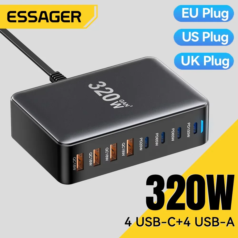 Essager-cargador GaN de 320W, estación de carga de escritorio USB tipo C de 8 puertos PD 100W, carga rápida para iPhone 16, 15, 14, iPad, MacBook y portátil - imagen 2