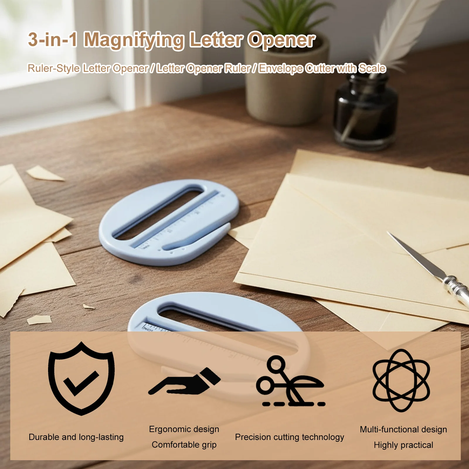 Cortadora de sobres, lupa y escala, abridor de sobres, cortadores de papel de regalo adecuados para trabajadores de oficina y estudiantes, 6 uds. - imagen 2
