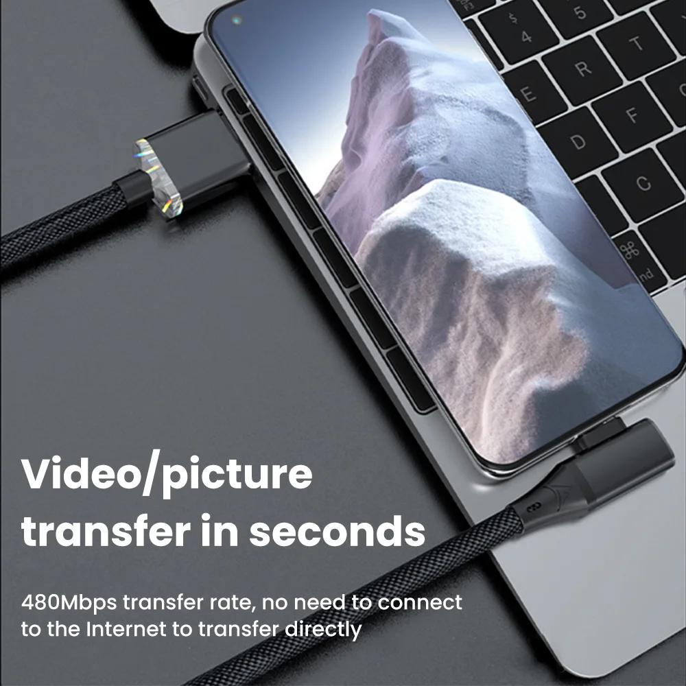 USB a tipo C PD120W 90 °   Cable de carga rápida tipo c a cable de cristal tipo c para iPhone 16 15 Samsung Xiaomi Cable de carga - imagen 5