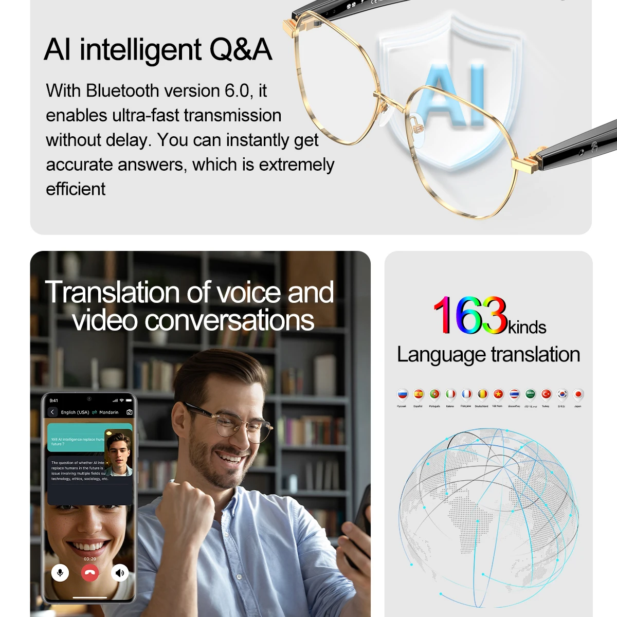 Gafas inteligentes con traducción AI para hombre y mujer, lentes inteligentes con dientes azules, resistentes al agua, asistente de voz, antiluz azul - imagen 2