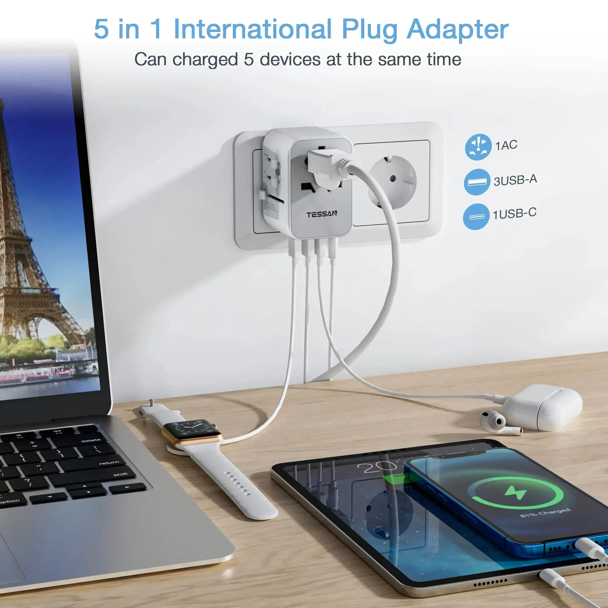 Adaptador de viaje universal TESSAN en todo el mundo con USB y tipo C, cargador de pared todo en uno con enchufe internacional para viajes de EE. UU., UE, Reino Unido y AUS - imagen 4