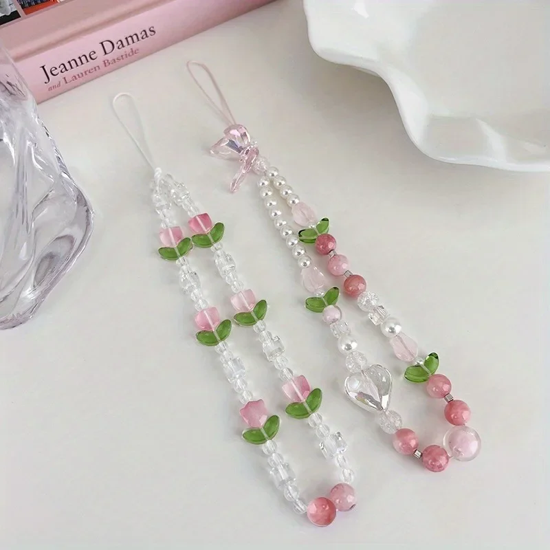 Bonita cadena con abalorio para teléfono móvil con cuentas de melocotón, joyería para mujeres y niñas, cordón de flores para teléfono móvil con perlas para llavero de iPhone