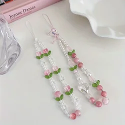 Correa para Móvil iPhone con Cuentas de Melocotón, Flores y Perlas