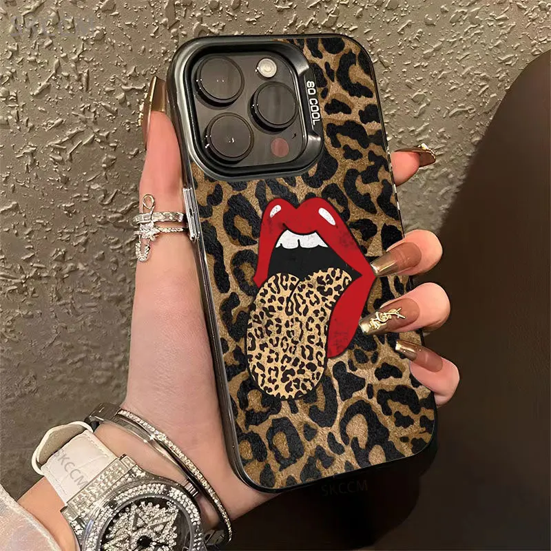 Funda con estampado de leopardo y labios rojos para iPhone 16 15 Pro Max 11 12 14 13 7 8 Plus X XS XR SE, funda de silicona con lengua grande para mujer