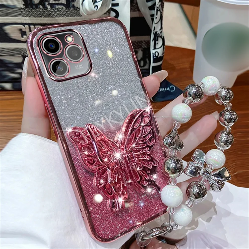 Soporte de teléfono con mariposa 3D, pulsera de cuentas, funda chapada con purpurina para iPhone 16 15 13 12 11 14 Pro Max XS Max XR 7 8 Plus - imagen 2