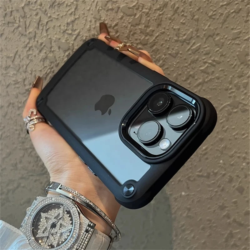 Funda de teléfono transparente con armadura a prueba de golpes para iphone 11, 12, 13, 14, 15 Pro Max, 14 15Plus, cubierta dura de parachoques con botón de Metal acrílico transparente - imagen 2