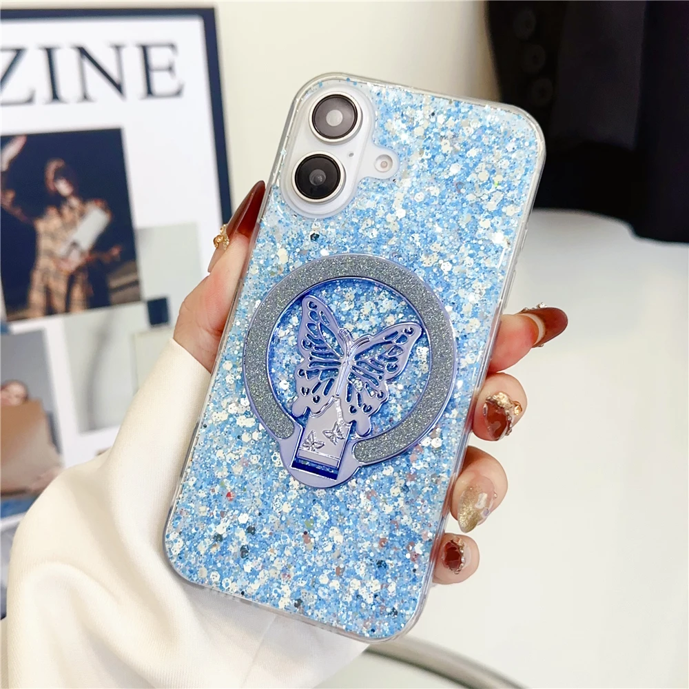 Funda con soporte magnético de mariposa y purpurina de lentejuelas para Samsung A52 A51 A50 A22 A32 A12 A21S A72 A71 A70 A20 A30 A31 A11 - imagen 5