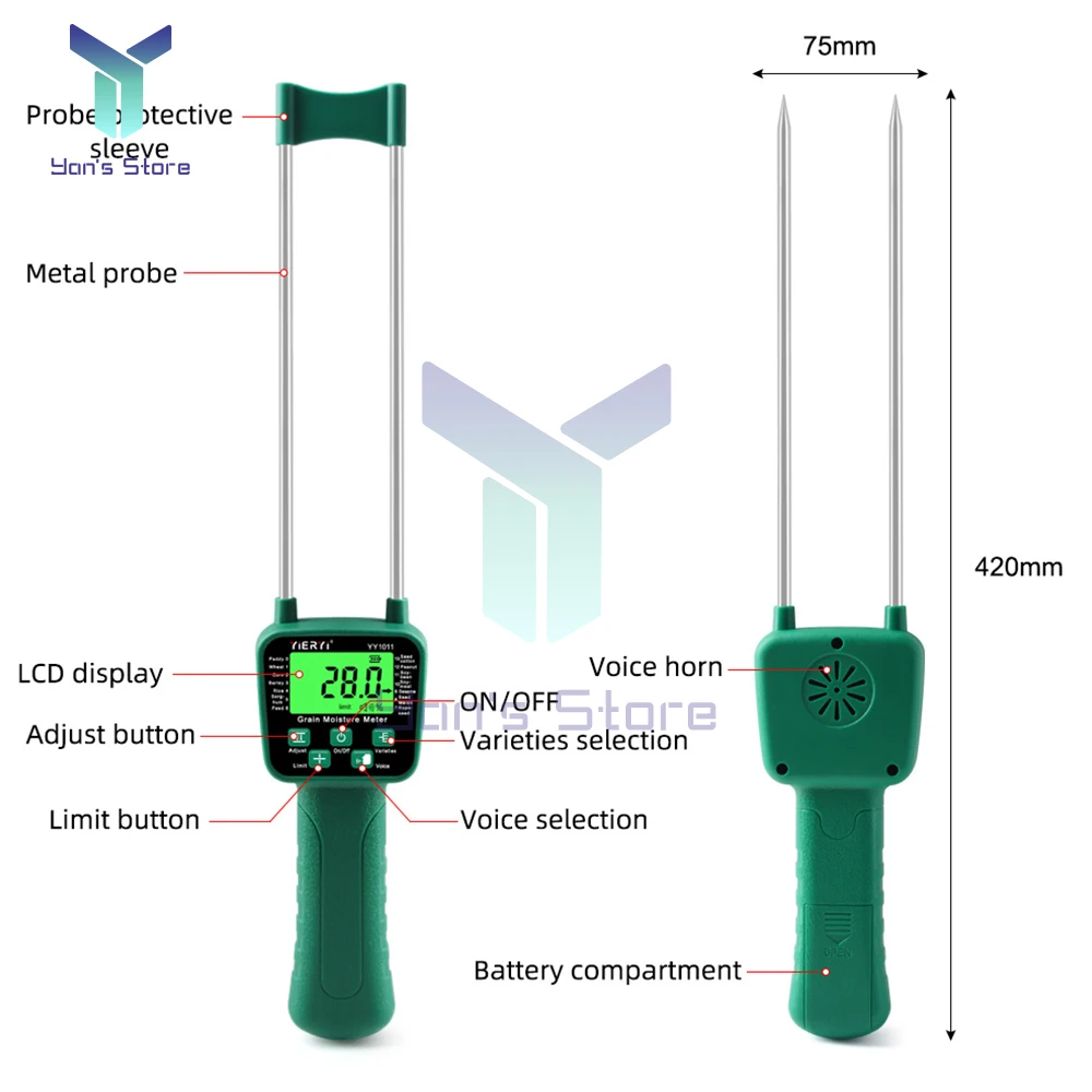 Medidor de humedad de grano YY-1011, probador Digital de contenido de humedad de grano para trigo, maíz, cebada, alimentación, soja, maní, algodón de semillas - imagen 2