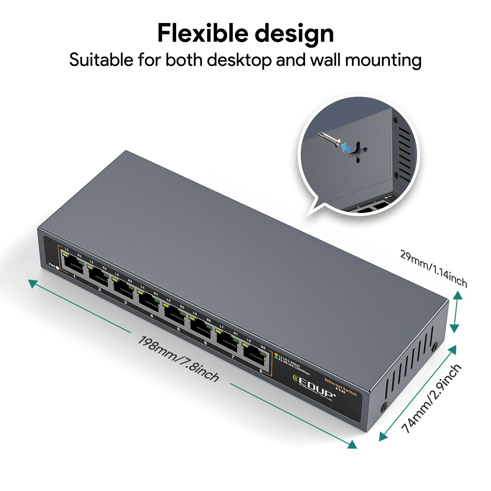 EDUP EP-SG7820 Conmutador Ethernet 2,5G de 8 puertos compatible con transmisión completa de velocidad de cable en todas las puertos Diseño compacto de velocidad de 40 Gbps - imagen 3