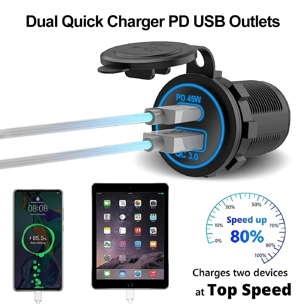 Enchufe de cargador de coche de 60W PD3.0 y QC3.0 puertos USB C dobles carga rápida impermeable 12V/24V para adaptador de motocicleta de barco de camión de coche - imagen 3